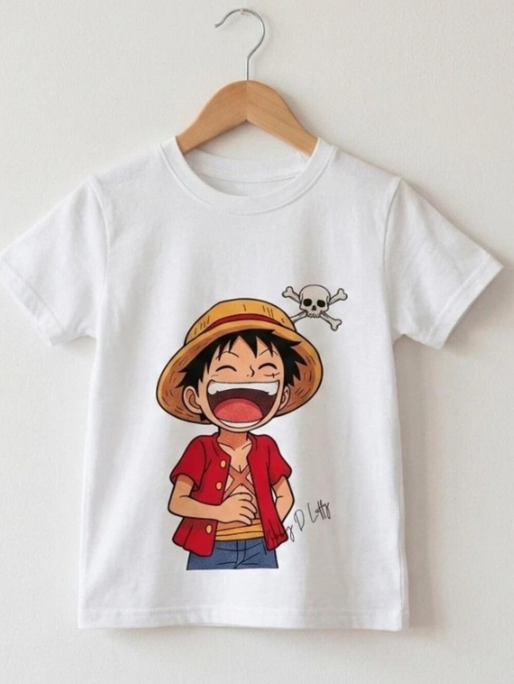 Kids White Graphic Tee with Monkey De Luffy Character